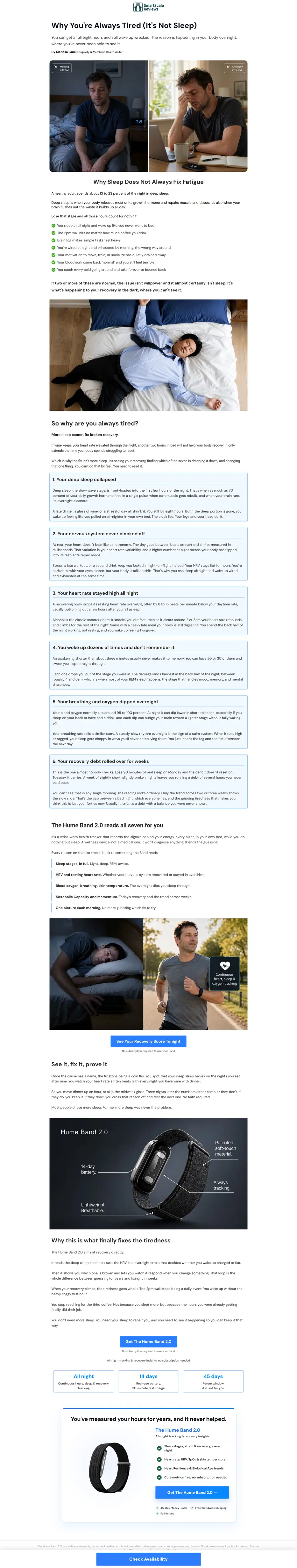 Hume Band 2.0 advertorial, full page: why you're always tired