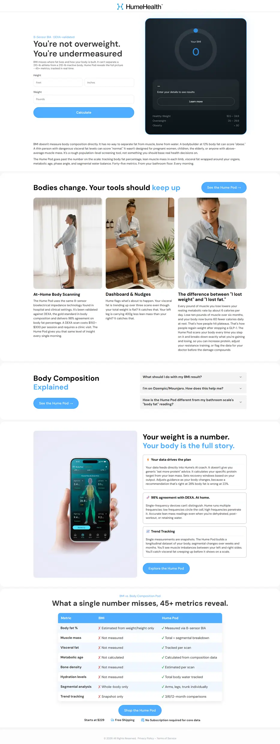 Hume Body Pod BMI and weight loss calculator page