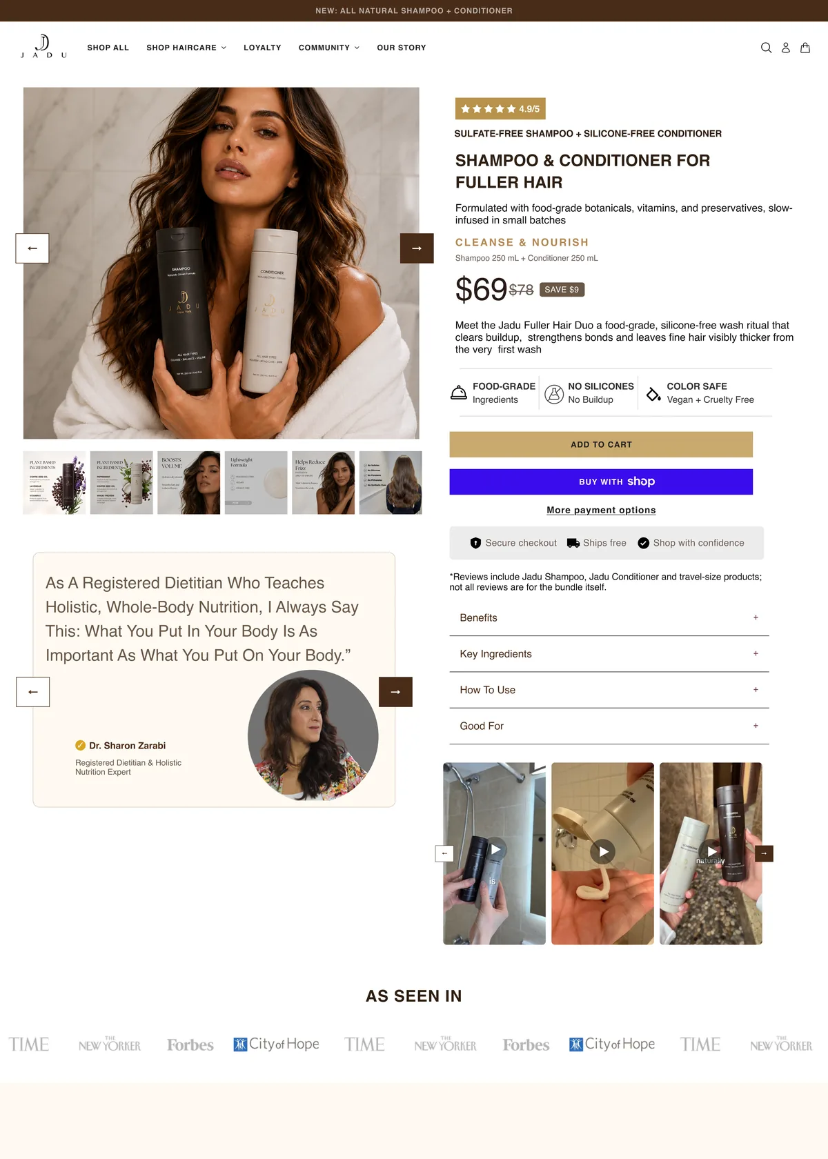 Jadu Beauty product hero with buy box and dietitian endorsement