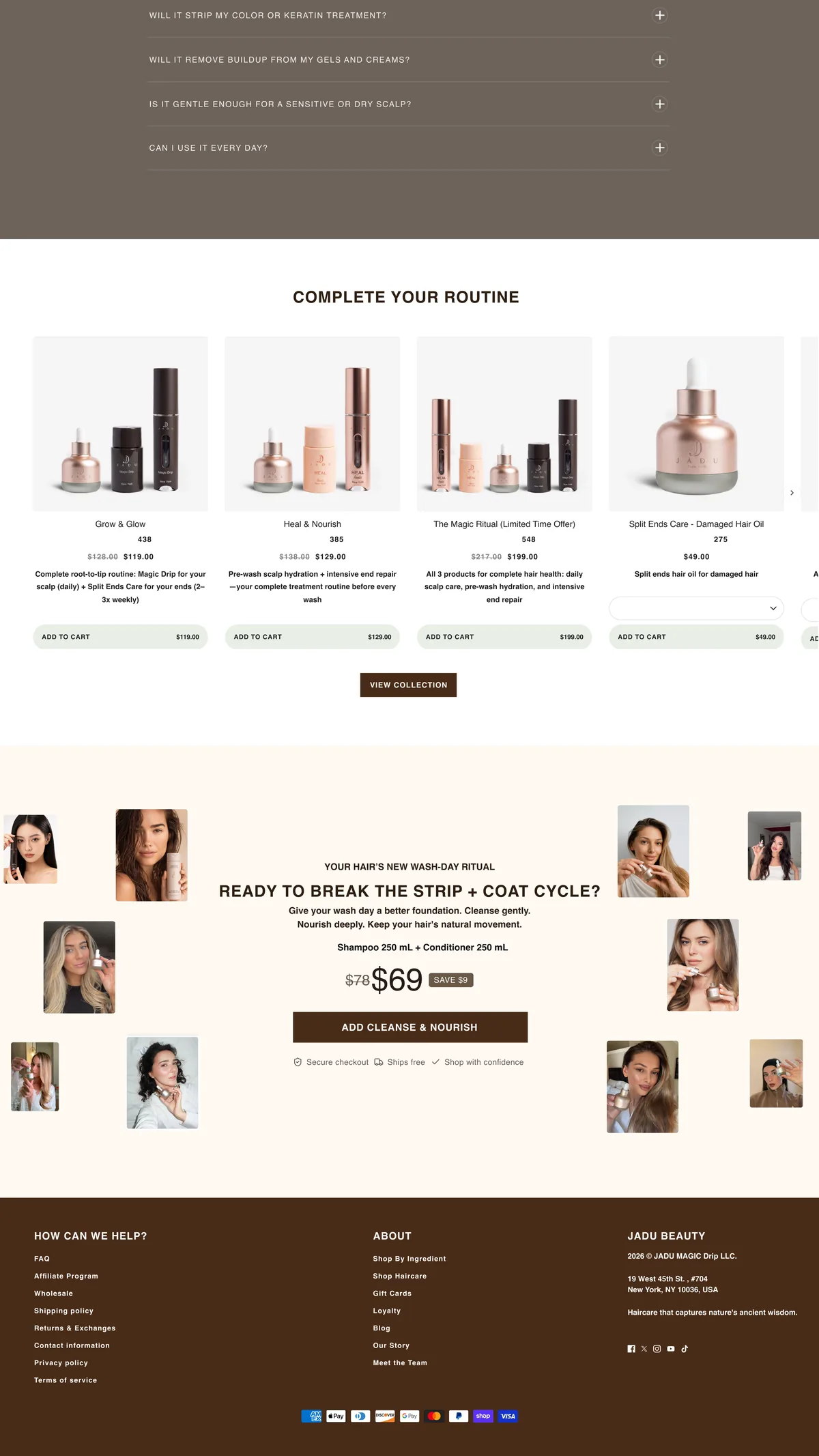 Jadu Beauty routine cross-sell, FAQ and footer offer