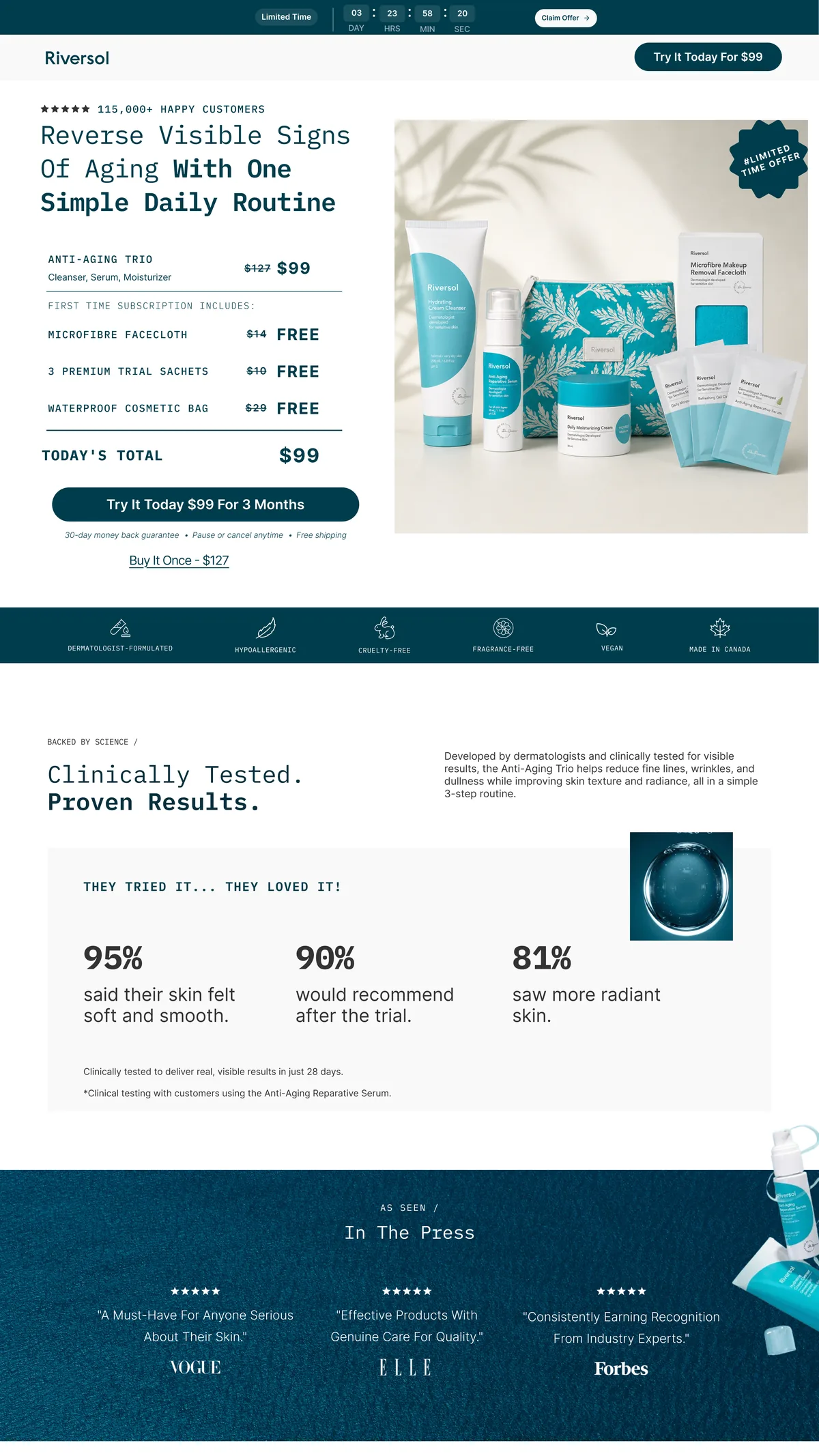 Riversol landing page hero offer and clinical results