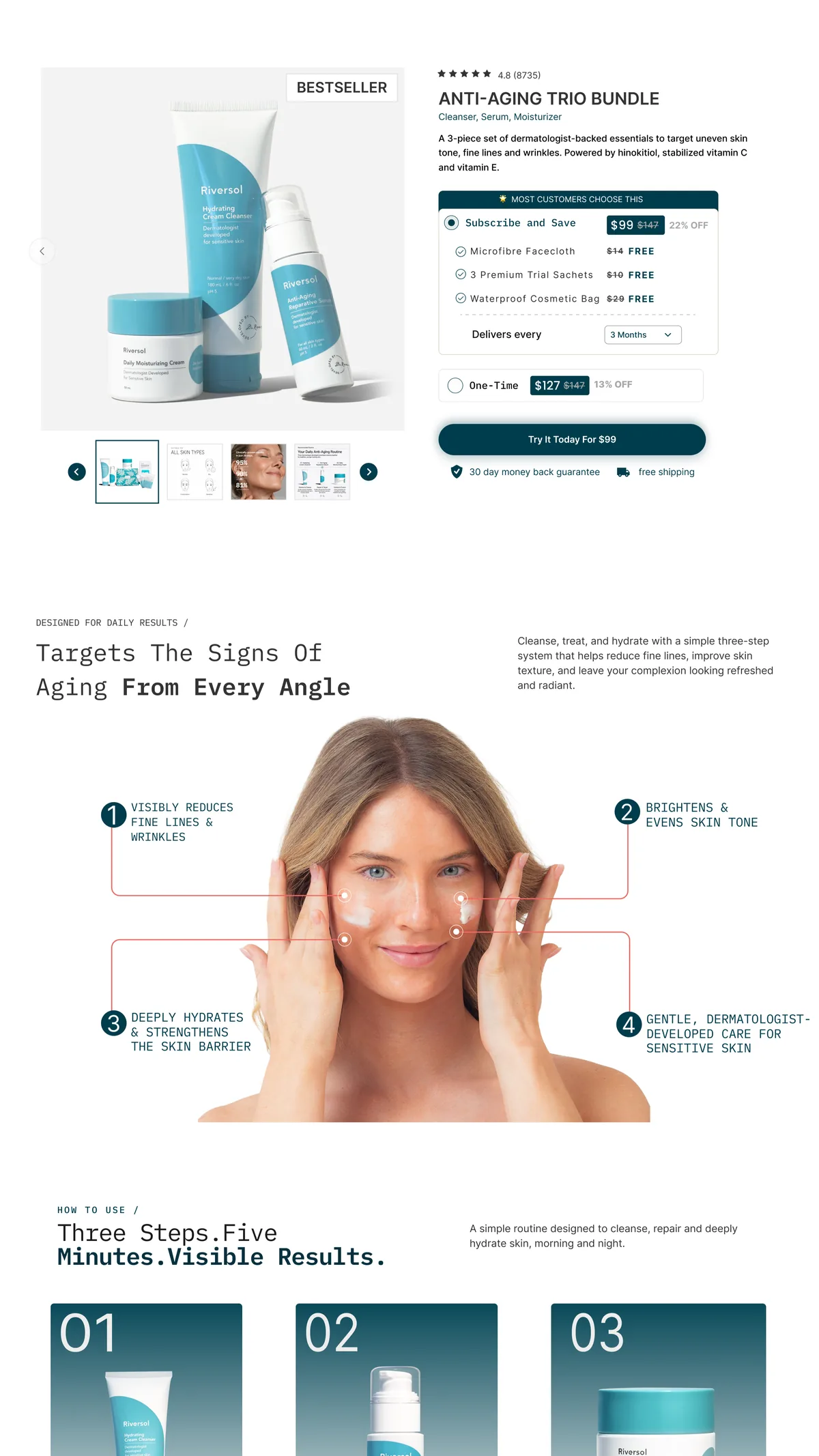 Riversol anti-aging trio bundle selector and benefit diagram